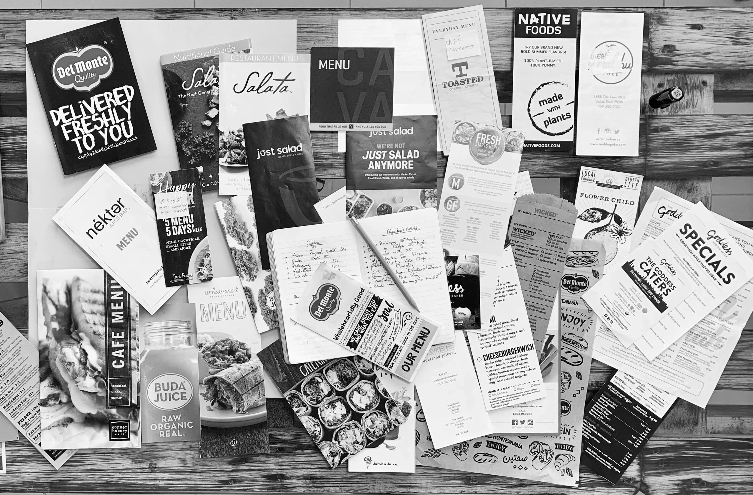 A collection of restaurant menus and concept-development materials